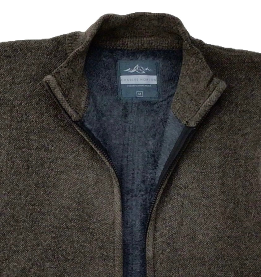 Full Zip Fur Lined Chenille Charles Norton Sweater Cardigan Navy/Grey and Taupe