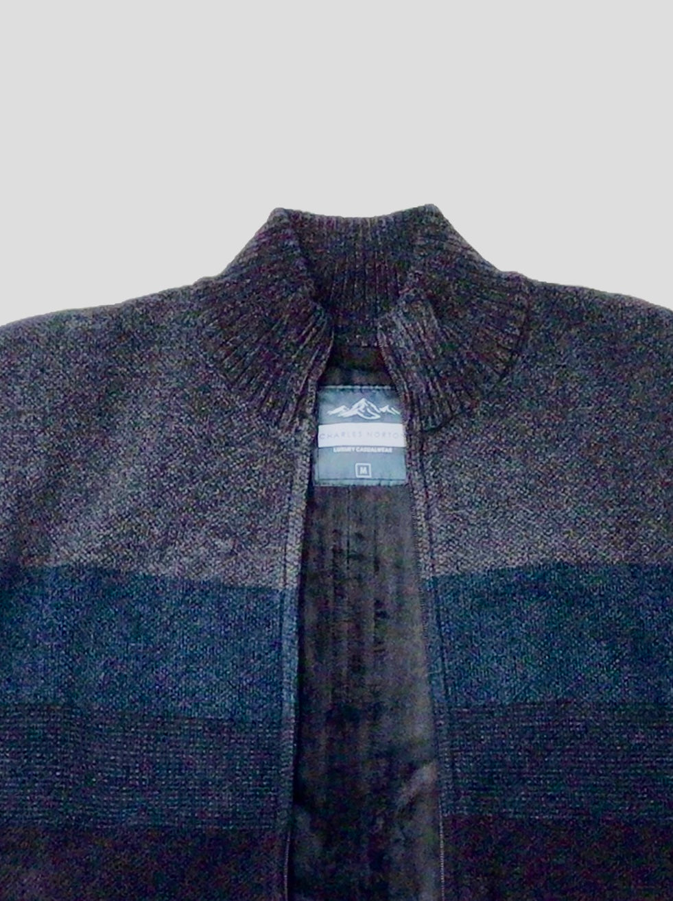 Full Zip Fur Lined Chenille Charles Norton Sweater Cardigan Navy/Grey and Taupe