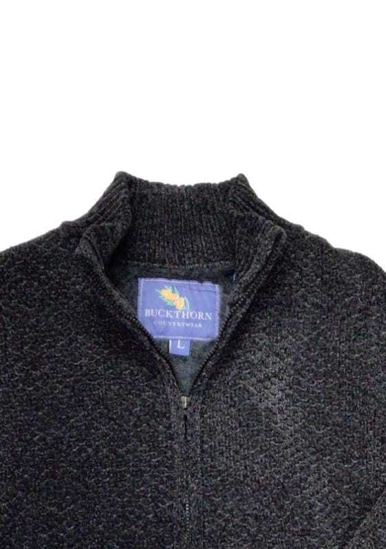 Full Zip Fur Lined Chenille Charles Norton Sweater Cardigan Navy/Grey and Taupe