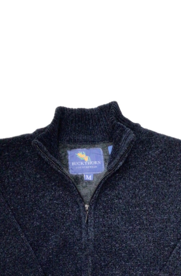 Full Zip Fur Lined Chenille Charles Norton Sweater Cardigan Navy/Grey and Taupe