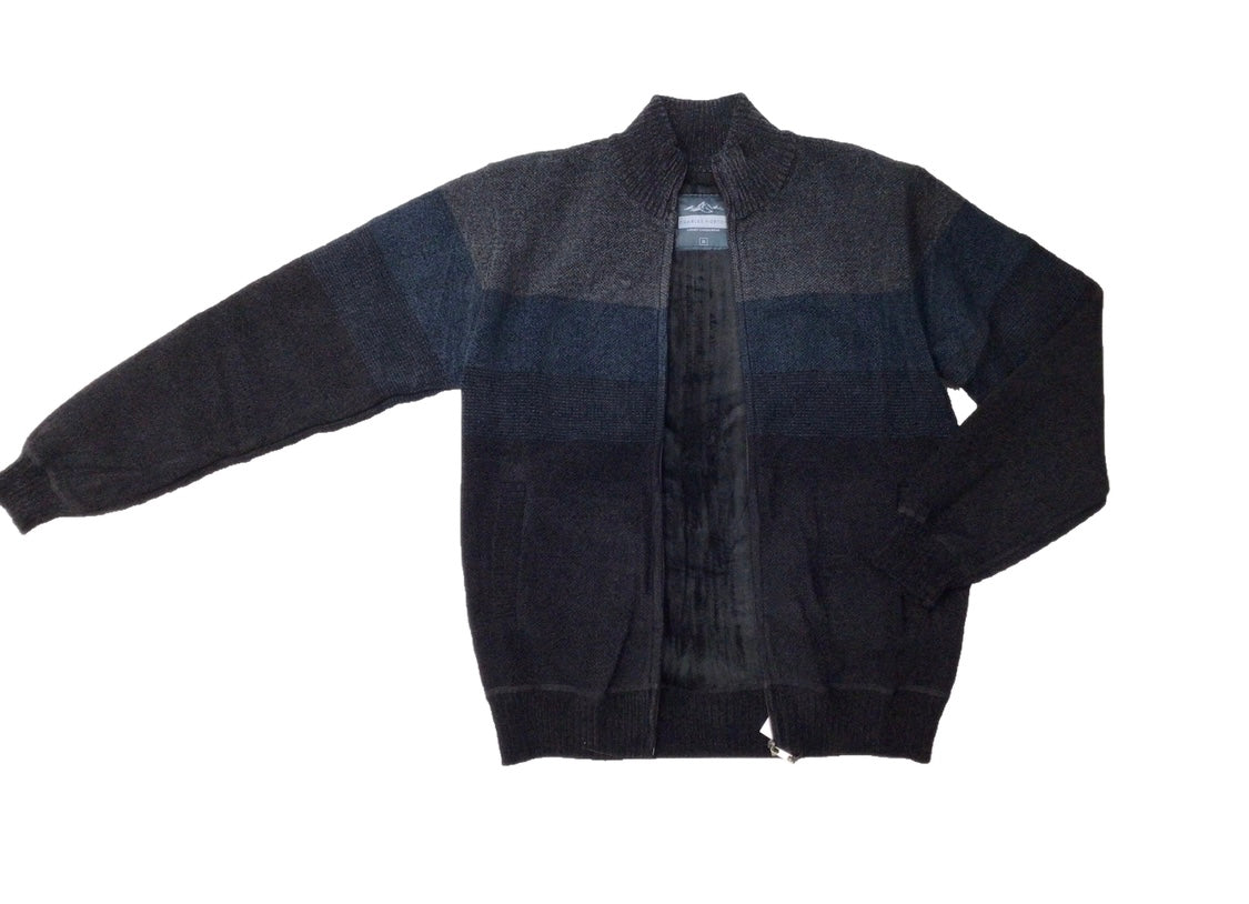 Full Zip Fur Lined Chenille Charles Norton Sweater Cardigan Navy/Grey and Taupe